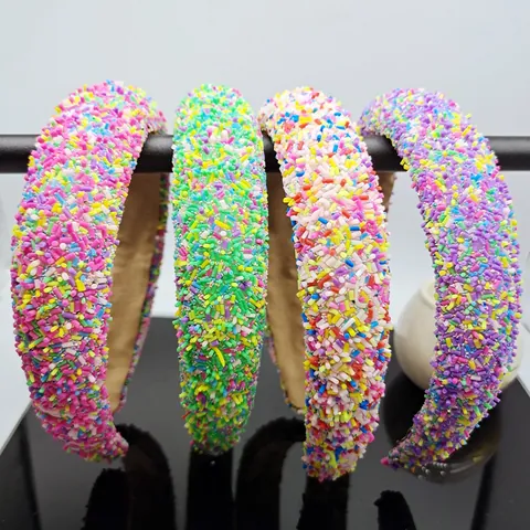 Baroque Colorful Sprinkle Wide Sponge Headband High Cranial Top Rainbow Glitter Beads Hairband For Women Fashion Accessory