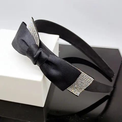 Women Black Satin Bow Rhinestone Headband Elegant Sparkling Ribbon Knot Hair Band Party Wedding Hair Accessories For Ladies