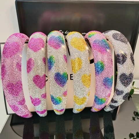 Diadema de Lujo con Corazón de Diamantes de Imitación para Mujer Arcoíris Lunares Leopardo Acolchada Banda para el Cabello
