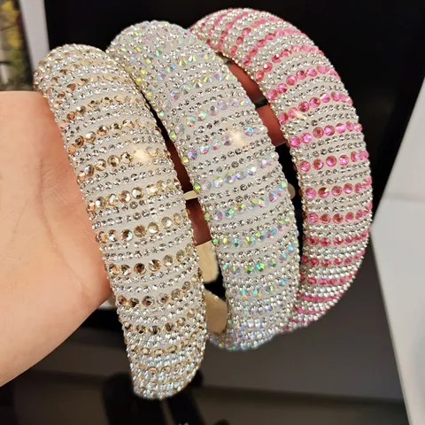 Luxury Padded Rhinestone Headband For Women Glitter Crystal Wide Sponge Hair Band Fashion Striped Sparkling Hair Accessories Party Wedding Headwear