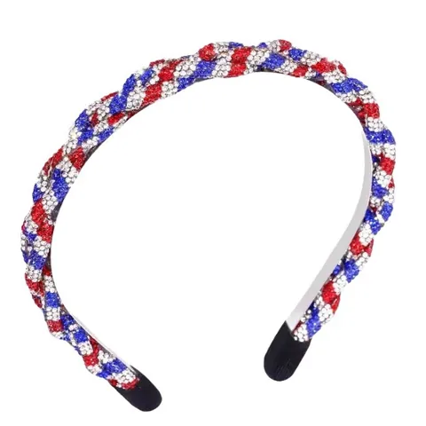 USA Flag Independence Day Headband Rhinestone Braided Hair Band Red White Blue 4th Of July Party Decorative Headpiece For Women