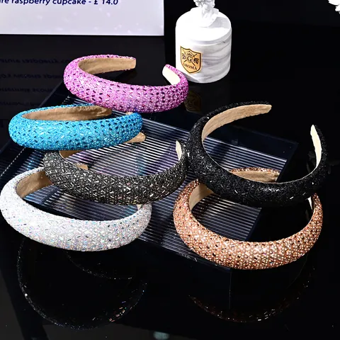 Diadema de Strass de Estilo Coreano Acolchada Ancha para Mujer Elegante Banda de Pelo de Cristal Accesorios de Pelo Vintage
