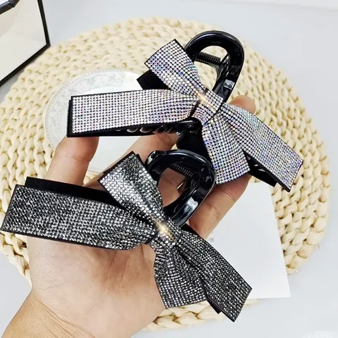 Women Large Rhinestone Bowknot Hair Claw Clip Sparkling Crystal Elegant Korean Style Shark Clip For Daily Party Accessory