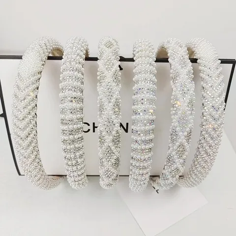 Korean Fashion Narrow Headband With Artificial Pearls Shimmering Rhinestones Vintage Luxurious Hair Accessory For Women