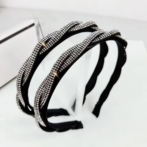 Elegant Full Rhinestone Twisted Headband For Women Black Padded Hair Band Sparkly Hair Hoop Wedding Party Hair Accessory