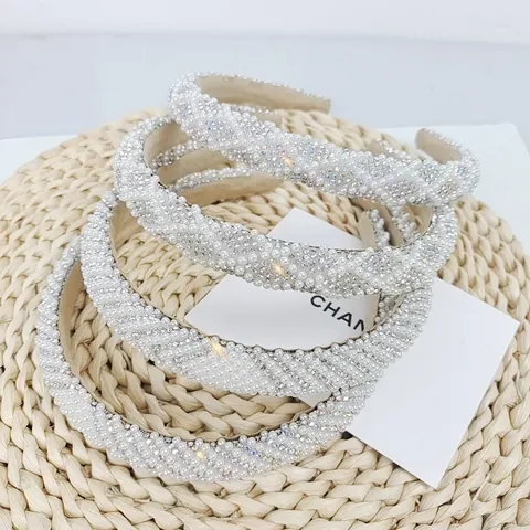 Korean Fashion Narrow Headband With Artificial Pearls Shimmering Rhinestones Vintage Luxurious Hair Accessory For Women