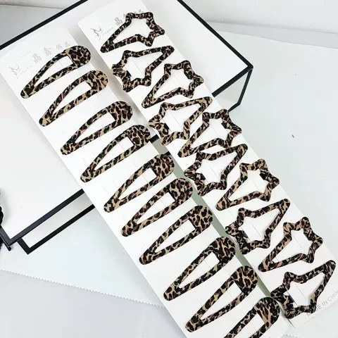 Leopardenmuster Schwarzer Stoff Umwickelt BB Haarklammern Für Damen Mädchen Vintage Stern Herz Quadrat Tropfenform Metall Clips Strass Haarschmuck