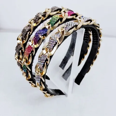 Baroque Heavy Rhinestone Chain Headband For Women Elegant Gold Alloy Hair Band With Colorful Crystals Fashion Hair Accessories