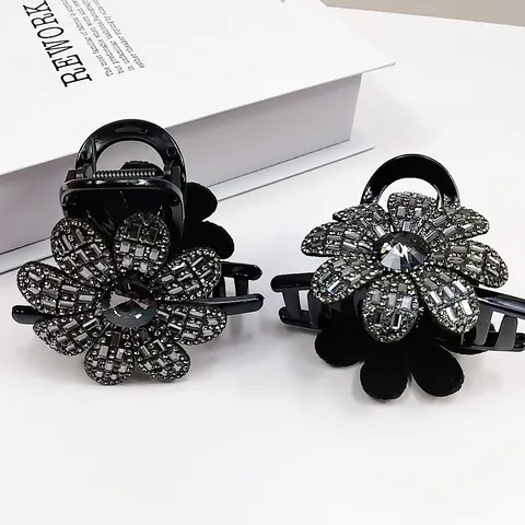 Vintage Rhinestone Flower Hair Claw Clip For Women Elegant Black Hair Clamps Accessories For Thick Hair Banquet Daily Decor
