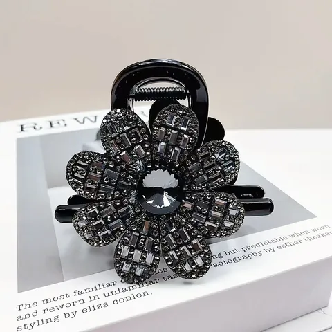 Vintage Rhinestone Flower Hair Claw Clip For Women Elegant Black Hair Clamps Accessories For Thick Hair Banquet Daily Decor