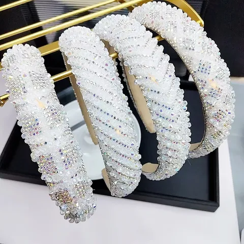 Cerchietto Imbottito di Lusso con Cristalli e Strass per Donna Bianco AB Motivo Geometrico Fascia Larga Accessori per Capelli Festa