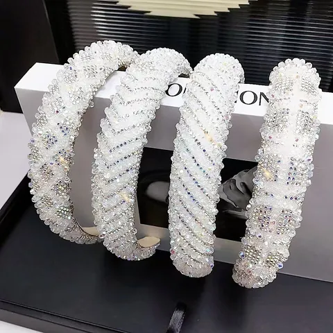 Cerchietto Imbottito di Lusso con Cristalli e Strass per Donna Bianco AB Motivo Geometrico Fascia Larga Accessori per Capelli Festa