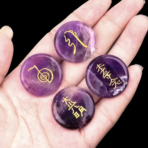 Reiki Healing Stone Collection Natural Crystal Polished Palm Stone Engraved Gold Symbols Meditation Energy Balance Decor