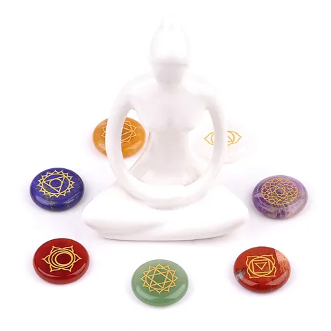 Chakra Healing Stones Natural Polished Crystals Engraved Golden Symbols For Meditation Yoga Energy Balancing Spiritual Home Decor