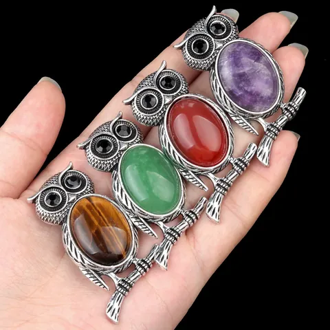 Vintage Owl Brooch Pendant With Natural Stone Crystal Agate Inlaid Antique Silver Alloy Animal Jewelry For Women Men Gift