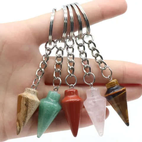 Naturstein Kristall Hexagonaler Kegel Anhänger Schlüsselanhänger Metallring Polierter Geometrischer Heilstein Taschenanhänger Täglicher Schmuck
