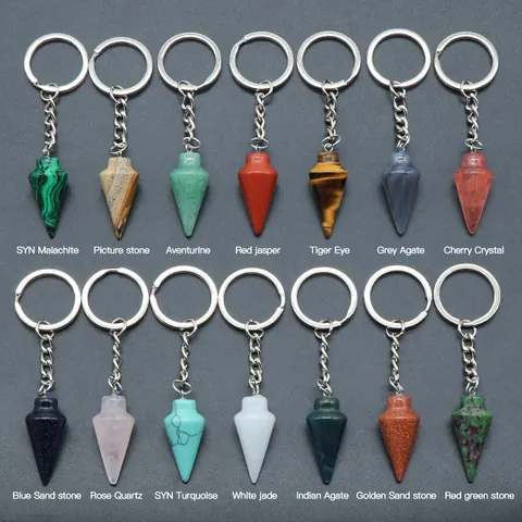 Naturstein Kristall Hexagonaler Kegel Anhänger Schlüsselanhänger Metallring Polierter Geometrischer Heilstein Taschenanhänger Täglicher Schmuck
