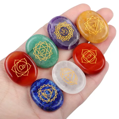 Natural Polished Healing Crystal Agate Chakra Stones Engraved Symbols For Yoga Meditation Reiki Spiritual Therapy Decor