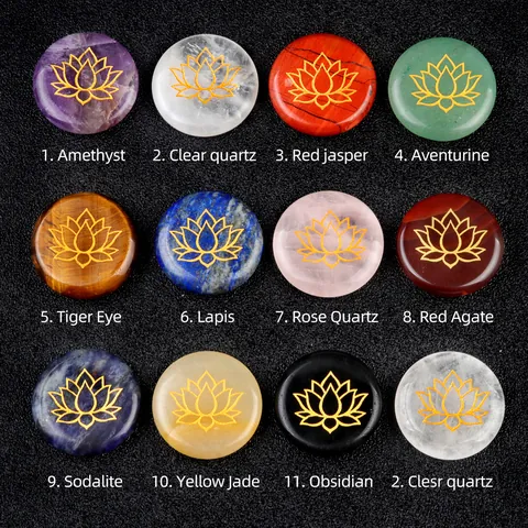 Lotus Engraved Natural Crystal Agate Round Polished Palm Stone For Reiki Healing Meditation Yoga Decorative Gemstone