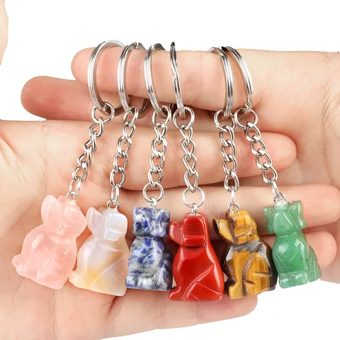 Natural Crystal Gemstone Dog Animal Carved Keychain Pendant Bag Charms Polished Stone Key Ring Jewelry Accessory Gift