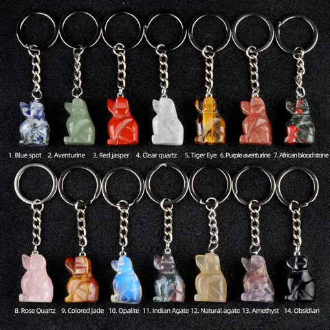 Natural Crystal Gemstone Dog Animal Carved Keychain Pendant Bag Charms Polished Stone Key Ring Jewelry Accessory Gift