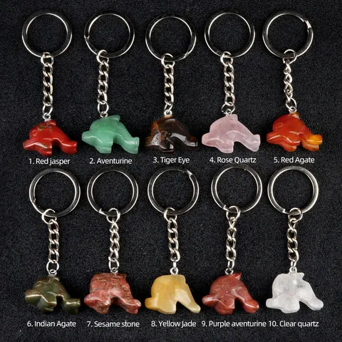 Natural Crystal Stone Dolphin Keychain Hand Carved Animal Pendant Agate Quartz Key Ring Bag Charm Gift For Women Men