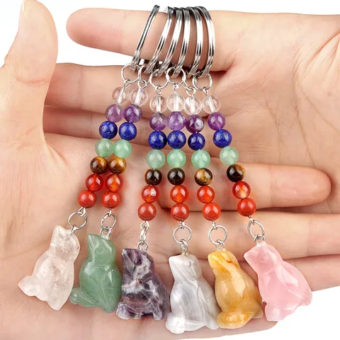 Natural Stone Bird Animal Carving Keychain Chakra Beads Healing Crystal Yoga Jewelry Key Ring For Women Men Gift