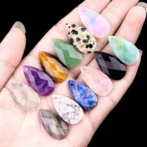 Natural Faceted Teardrop Gemstone Pendant Amethyst Tiger Eye Lapis Lazuli Rose Quartz DIY Jewelry Making Accessory For Women