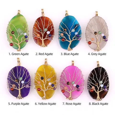 Tree Of Life Pendant Necklace Gold Wire Wrapped Natural Agate Slice Colorful Chakra Beads Vintage Healing Stone Ethnic Jewelry