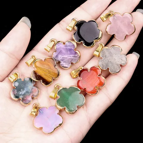 Natural Semi-Precious Stone Five Petal Flower Pendant Gold Plated Alloy Edging Flower Charms For DIY Necklace Making Accessories