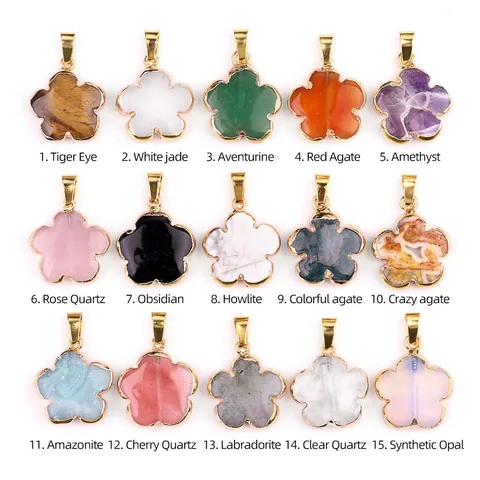 Natural Semi-Precious Stone Five Petal Flower Pendant Gold Plated Alloy Edging Flower Charms For DIY Necklace Making Accessories