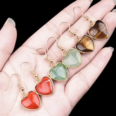 Heart Shape Natural Stone Gemstone Drop Dangle Earrings Gold Plated Alloy Bohemian Crystal Agate Dangle Hook Earrings Jewelry For Women
