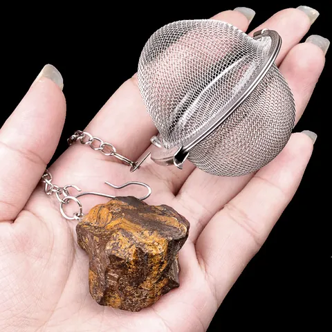 304 Stainless Steel Mesh Tea Infuser With Natural Stone Crystal Pendant For Loose Leaf Tea Spice Soup Seasoning Filter Strainer
