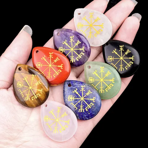 Colgante de Piedra en Forma de Gota Símbolo de Brújula Vikinga Vegvisir Tallado en Oro Amatista Cuarzo Rosa Para DIY Joyería
