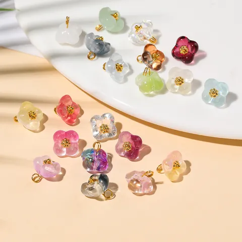 Transparent Colored Glaze Four Petal Flower Pendant Handmade DIY Jewelry Findings Alloy Copper Glass Flower Charms
