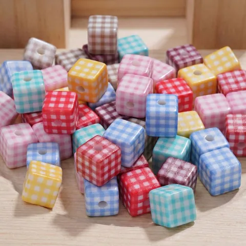Perline Sciolte in Acrilico a Cubo con Trama Scozzese 14mm Perle Quadrate Fai-da-Te per Creazione Gioielli Collane Bracciali