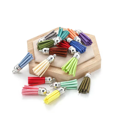 Suede Leather Tassel Pendants Silver Tone Metal Caps Colorful Mini Tassels For Keychain Jewelry Making Bookmark Accessories
