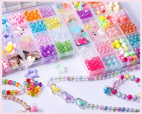 Παιδικό Κιτ DIY με Χάντρες για Κορίτσια Σετ Κατασκευής Κοσμημάτων από Ακρυλικό Με Κουτί Αποθήκευσης Πολύχρωμες Χάντρες Λουλούδι Κουνέλι Δώρο