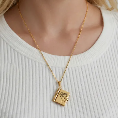 Book Locket Necklace Stainless Steel Openable Multi Page Engraved Sentiment Pendant Jewelry Gift For Women Daughter Mom