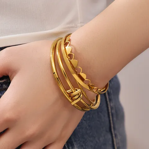 Minimalist Stainless Steel Open Cuff Bracelet For Women 18K Gold Plated Hollow Heart Geometric Knot Bamboo Design Fashion Jewelry Accessories