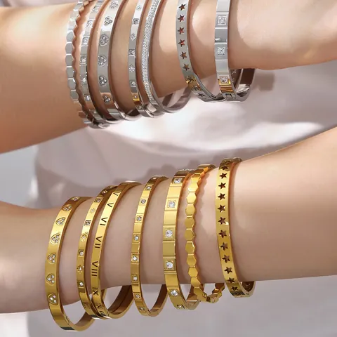 Bracciale Rigido in Acciaio Inossidabile da Donna con Numeri Romani Zircone Cuore Stella Nido d'Ape Oro Rosa Argento Gioielli Impilabili