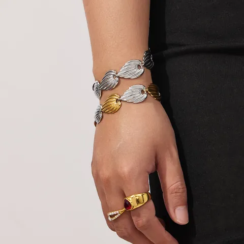 Ensemble de Bijoux en Acier Inoxydable Collier Bracelet Chaîne de Taille Feuille Texturée Plaqué Or Argent Femme