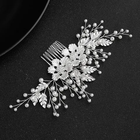 Pettine per Capelli Sposa Fiore Con Strass E Perla Artificial Imitazione Argento Lega Foglia Accessorio Capelli Matrimonio Donna