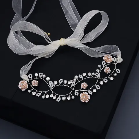 Handmade Flower Bead Girl Hair Vine Silver Rhinestone Faux Artificial Pearl Bridal Headband Ribbon Tie Wedding Party Hair Accessories