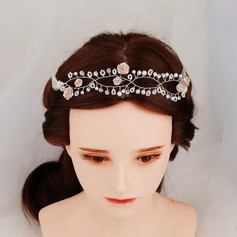 Handmade Flower Bead Girl Hair Vine Silver Rhinestone Faux Artificial Pearl Bridal Headband Ribbon Tie Wedding Party Hair Accessories