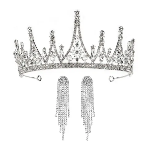 Vintage Baroque Bridal Crown And Earrings Set Zinc Alloy Rhinestone Snowflake Tiara For Wedding Birthday Party Women Jewelry
