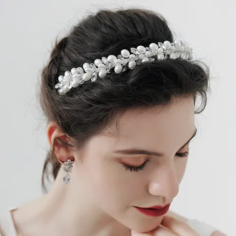 Serre-tête de Mariage en Künstliche Perles et Strass Fait à la Main Élégant Bandeau à Fleurs et Feuilles Accessoires de Coiffure de Mariée