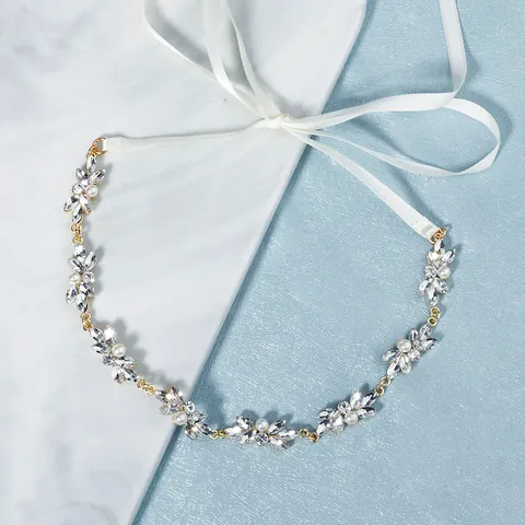 Viña para el Cabello de Novia Cristal Elegante Flor Hoja Oro Diamante de Imitación Perla Artificial Diadema Boda Con Cinta de Satén