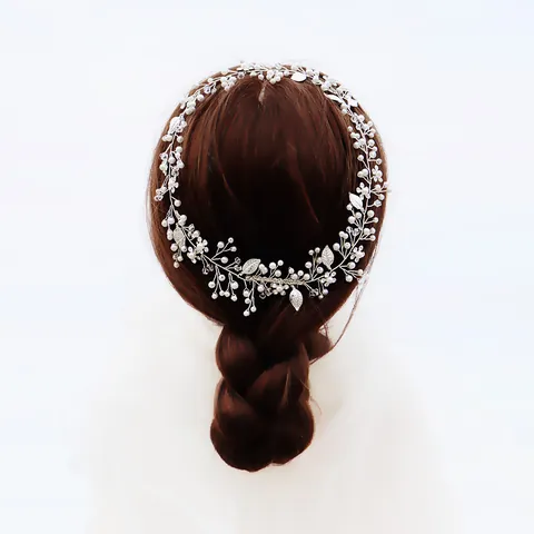 Elegant Handmade Bridal Flower Hairband Silver Alloy Rhinestone Artificial Pearl Wedding Headband For Women Hair Accessories