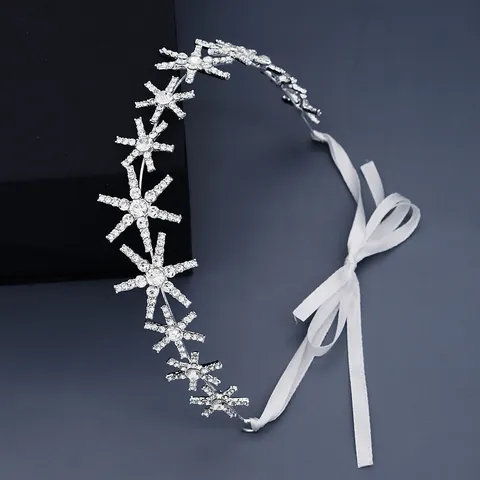 Star Snowflake Rhinestone Headband With White Satin Ribbon Elegant Silver Hair Band For Wedding Party Women Jewelry